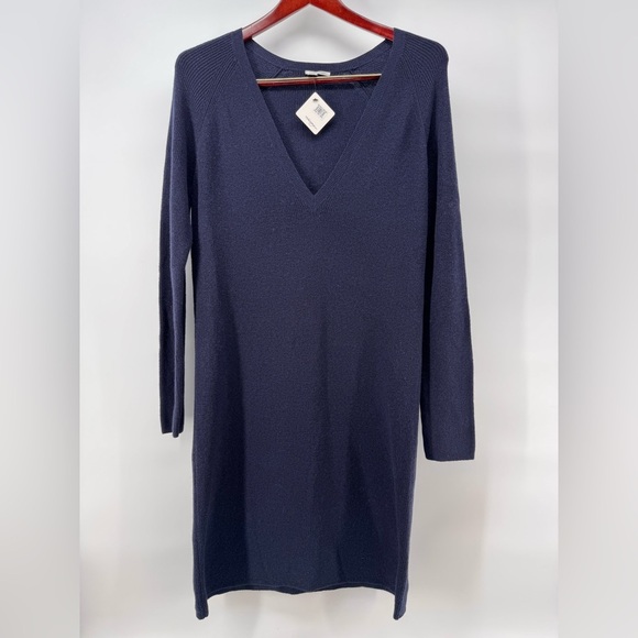 NWT Halogen V-Neck Knitted Sweater Navy Cotton Wool Dress - Picture 1 of 7